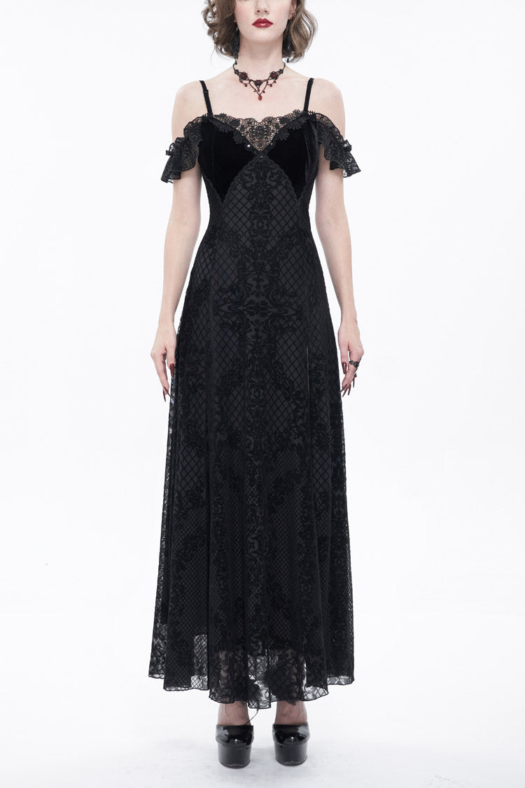 Black Velvet Lace Off Shoulder Ruffled Double Layer Slit Women's Gothic Dresses