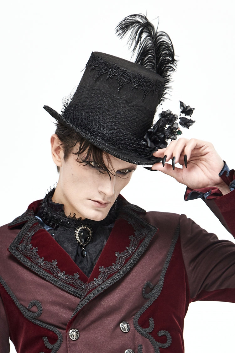 Black Women's Men's Gothic Noir Floral Feather Top Hat with Net Veil