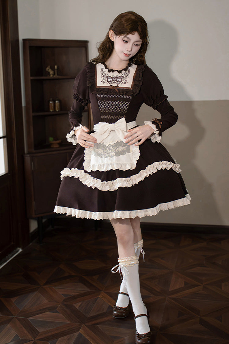 Brown [Miss Brown] Long Sleeves Double-Layered Ruffle Bouquet Embroidery Bowknot Sweet Lolita Dress (Short Version)