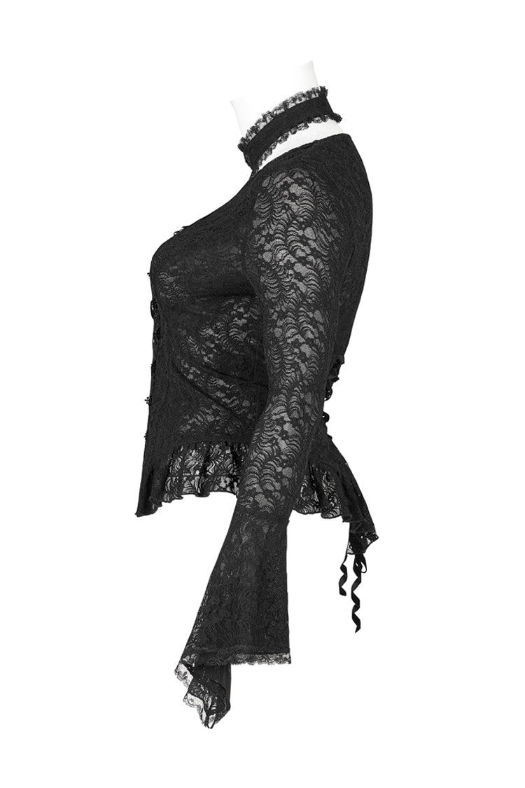 Schwarzer elastischer Spitzenstoff, sexy, perspektivische Stickerei-Dekoration, Kreuzseil, Trompetenärmel, Gothic-T-Shirt für Damen in Übergröße