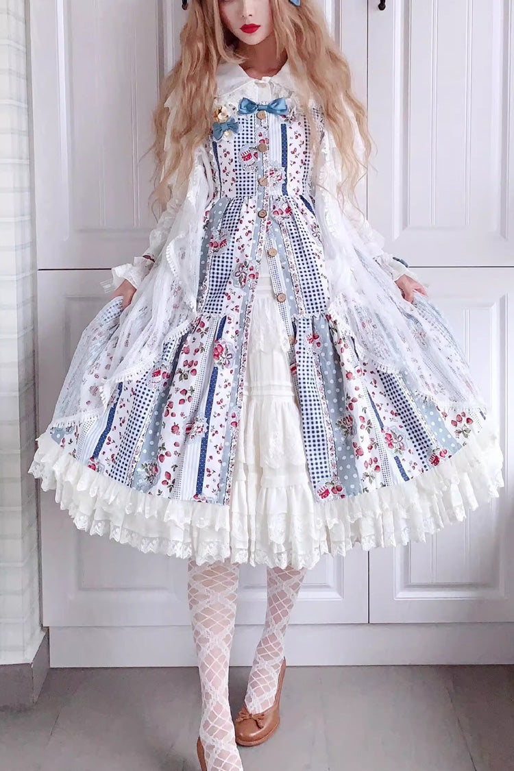 Light Blue Strawberry Plaid Print Bowknot Sleeveless Ruffle Sweet Lolita Dress