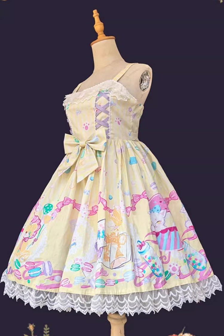 [Macaron Dolly House] Robe Jsk Lolita douce sans manches avec imprimé, nœud et lacets 3 couleurs 