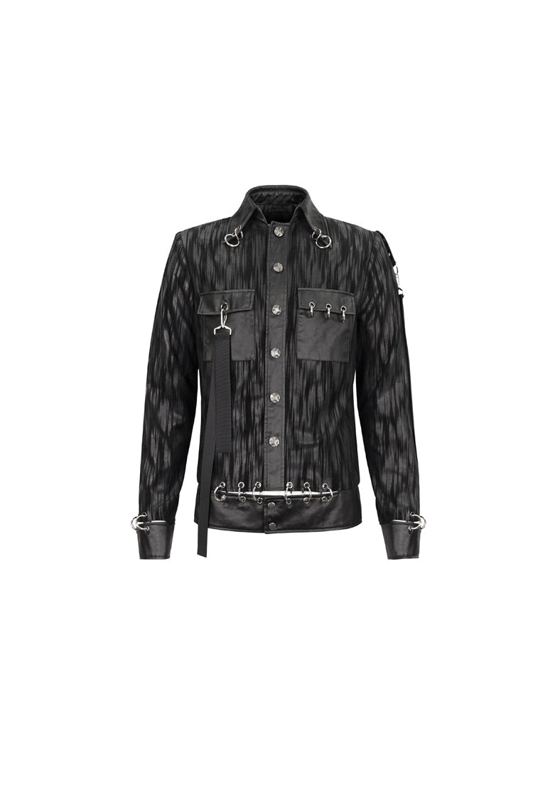 Black Metal Ring Perforated Lapel Lapel Button Handsome Men's Punk Jacket