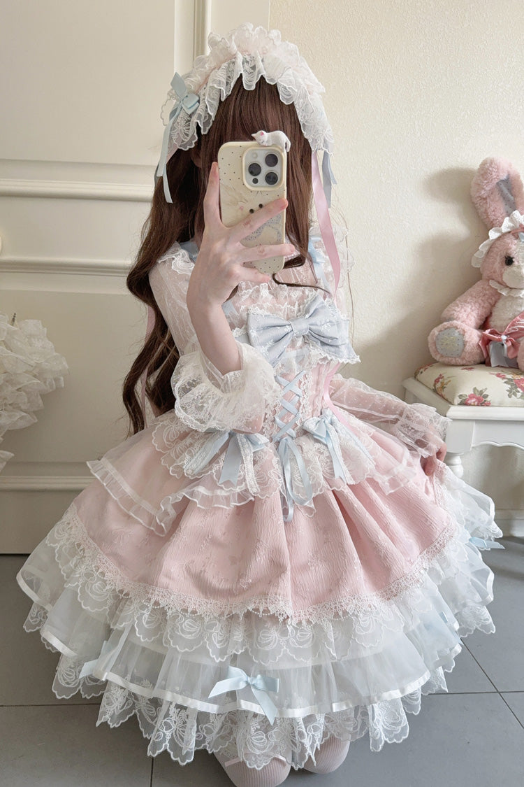 Pink [Fleishi Island] Sleeveless Ruffle Bowknot Lace Slim Sweet Ballet Lolita Jsk Dress