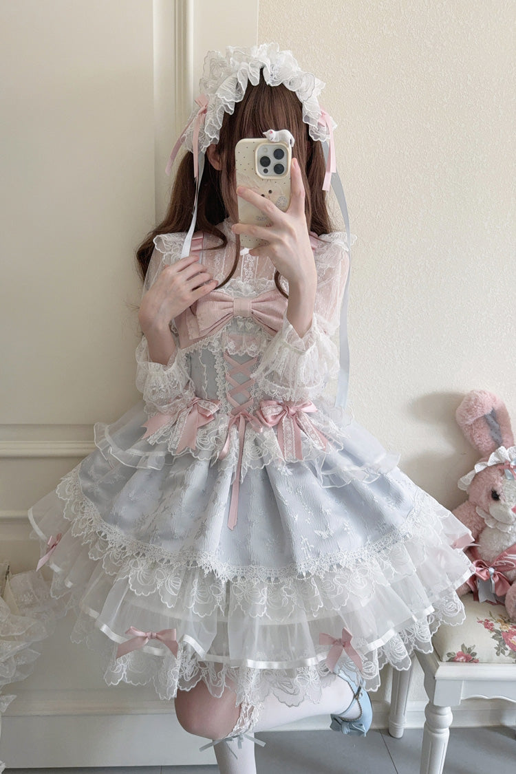 Robe Jsk Lolita Ballet Douce Slim en Dentelle à Nœud à Volants Sans Manches [Île Fleishi Bleue] 