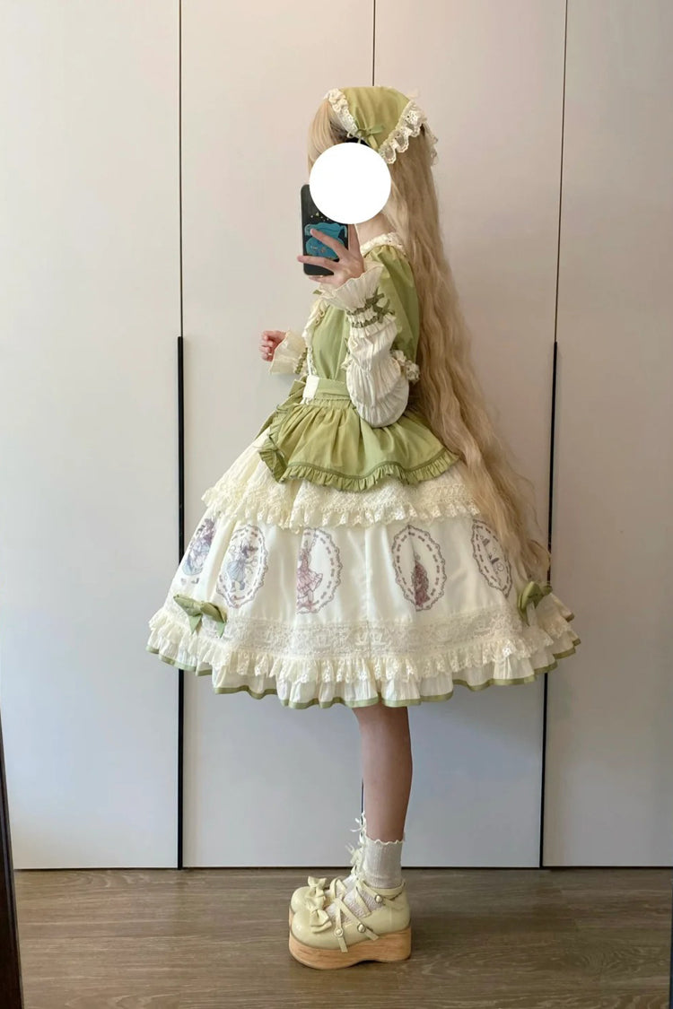 Green [Little Ida's Flowers] Short Sleeves Print Ruffle Bowknot Sweet Lolita Dress