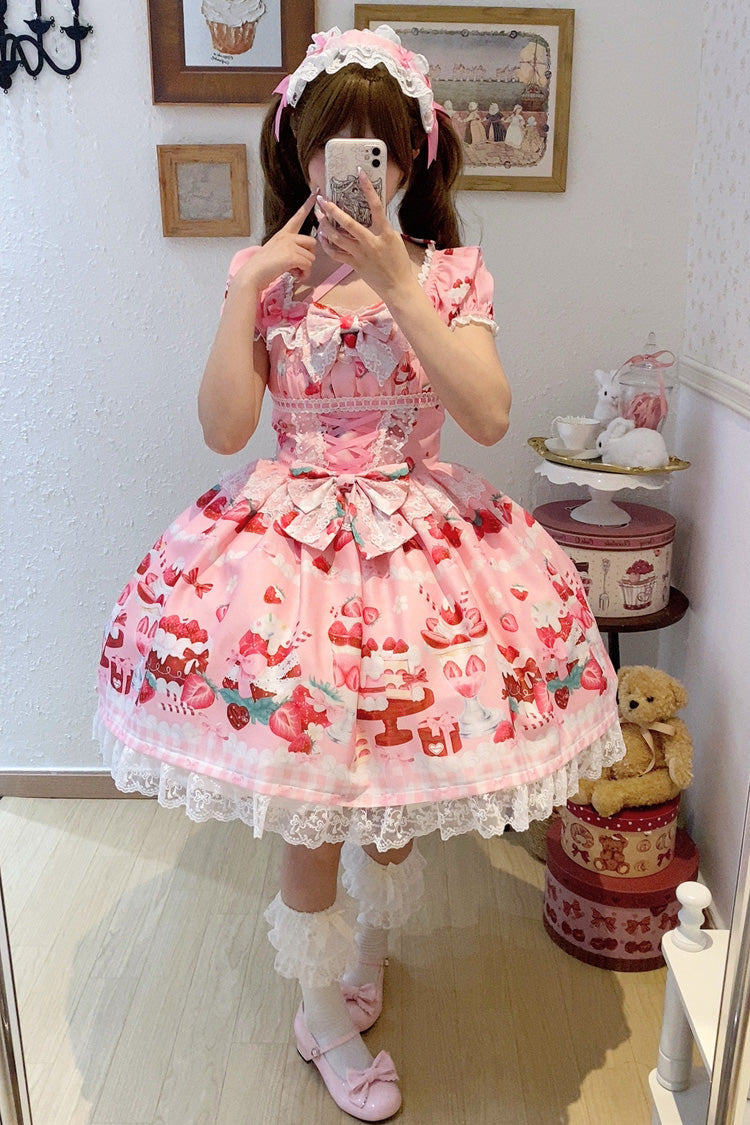 Pink [Strawberry Parfait] Print Short Sleeves Ruffle Bowknot Lace Lace-Up Sweet Lolita Dress