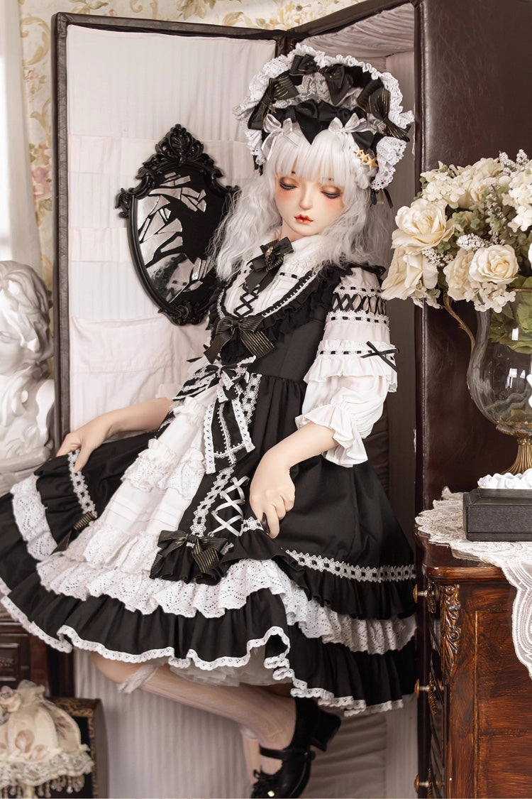 Black/White [Tina's Gift] Sleeveless Multi-Layered Ruffle Cardigan Bowknot Lace Sweet Lolita Jsk Dress