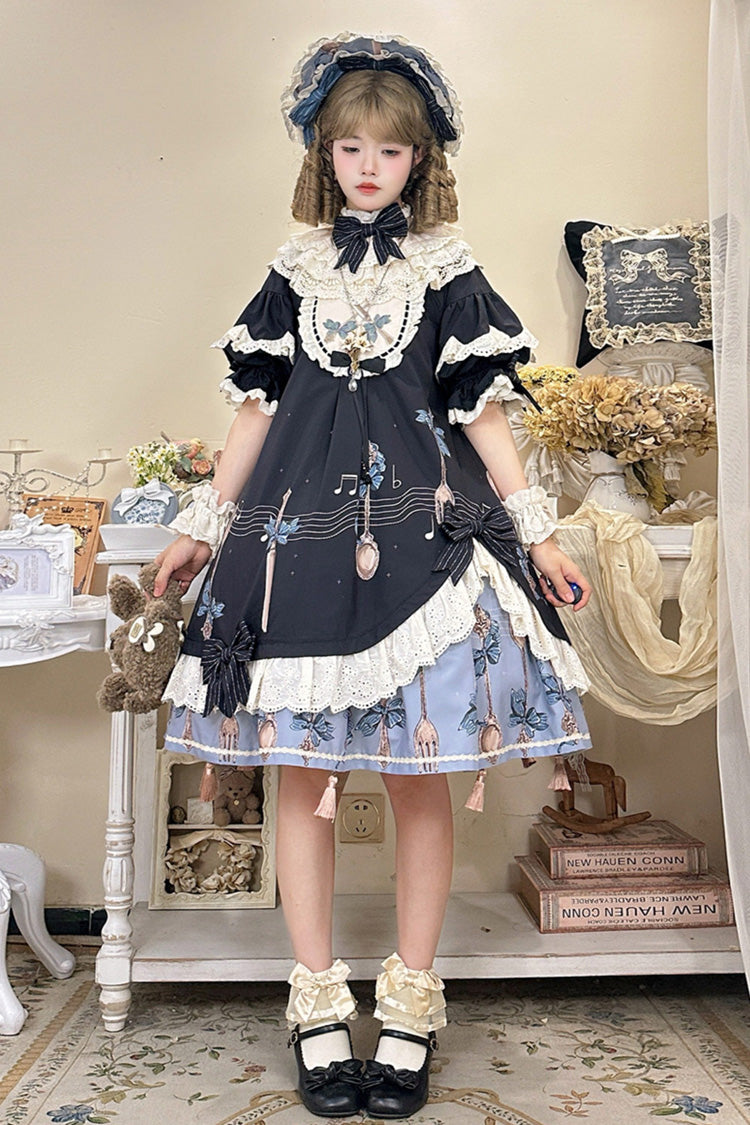Dark Blue [The Witch’s Banquet] Round Collar Short Sleeves Printed Ruffled Embroidered Bow Asymmetric Sweet Lolita Dress