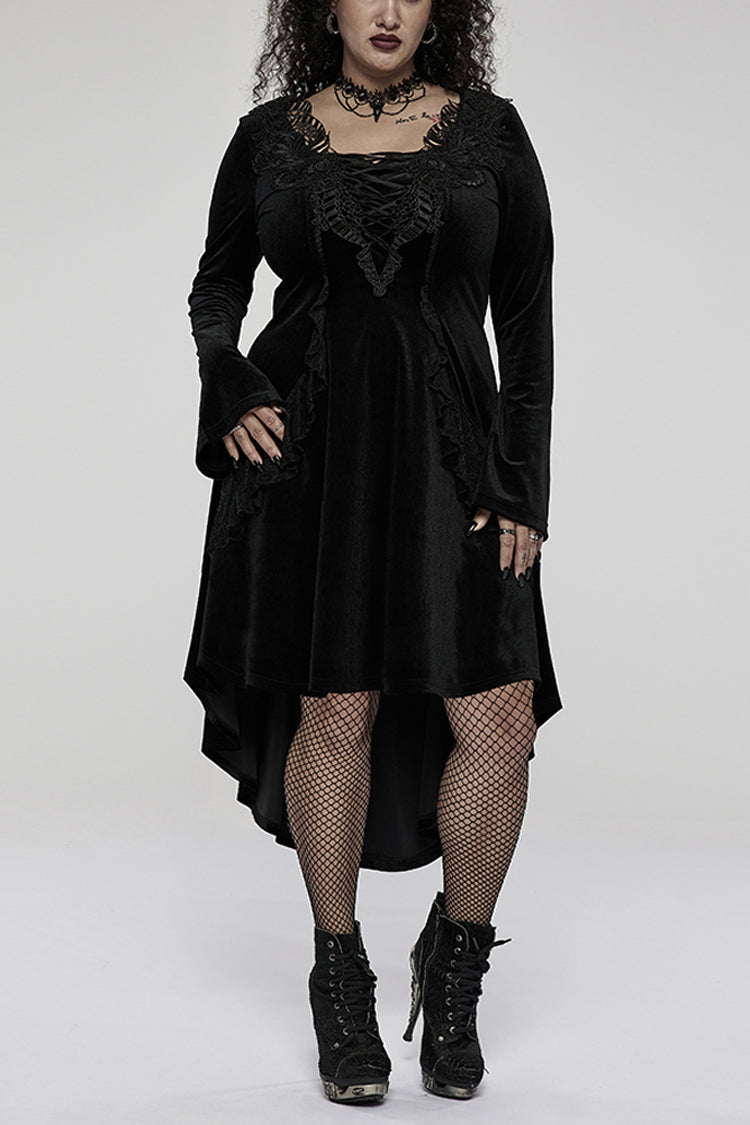 Black Gorgeous Velvet Fabric Embroidered Jacquard Neckline Irregular Hem Trumpet Sleeve Women's Gothic Dress