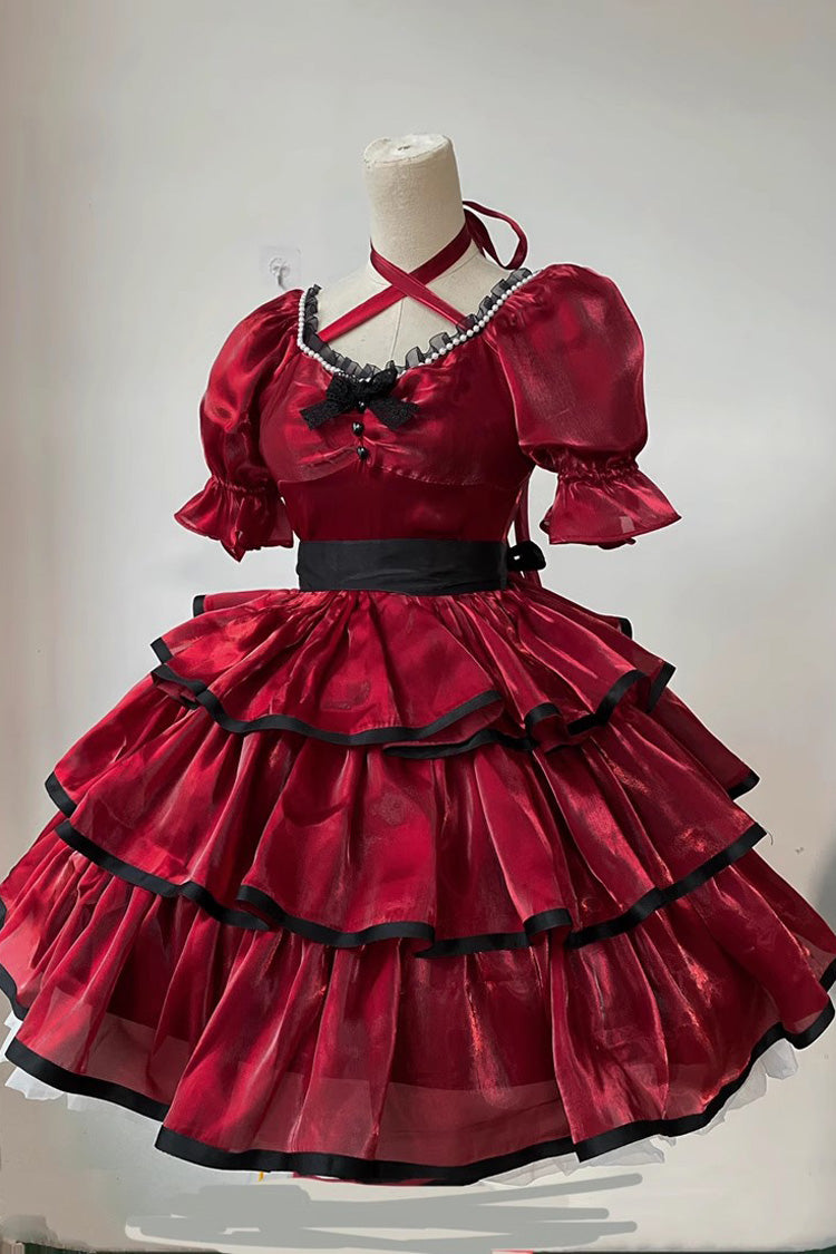 Rose Contrast Color Large Swing Tiered Short Sleeves Gothic Lolita OP Dress 3 Colors