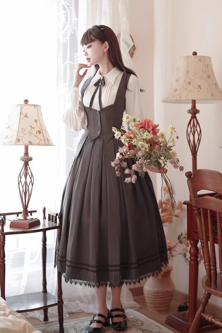 Grey [Griffin’s Pact] Striped Printed Ruffled Gothic Lolita Skirt Vest Set