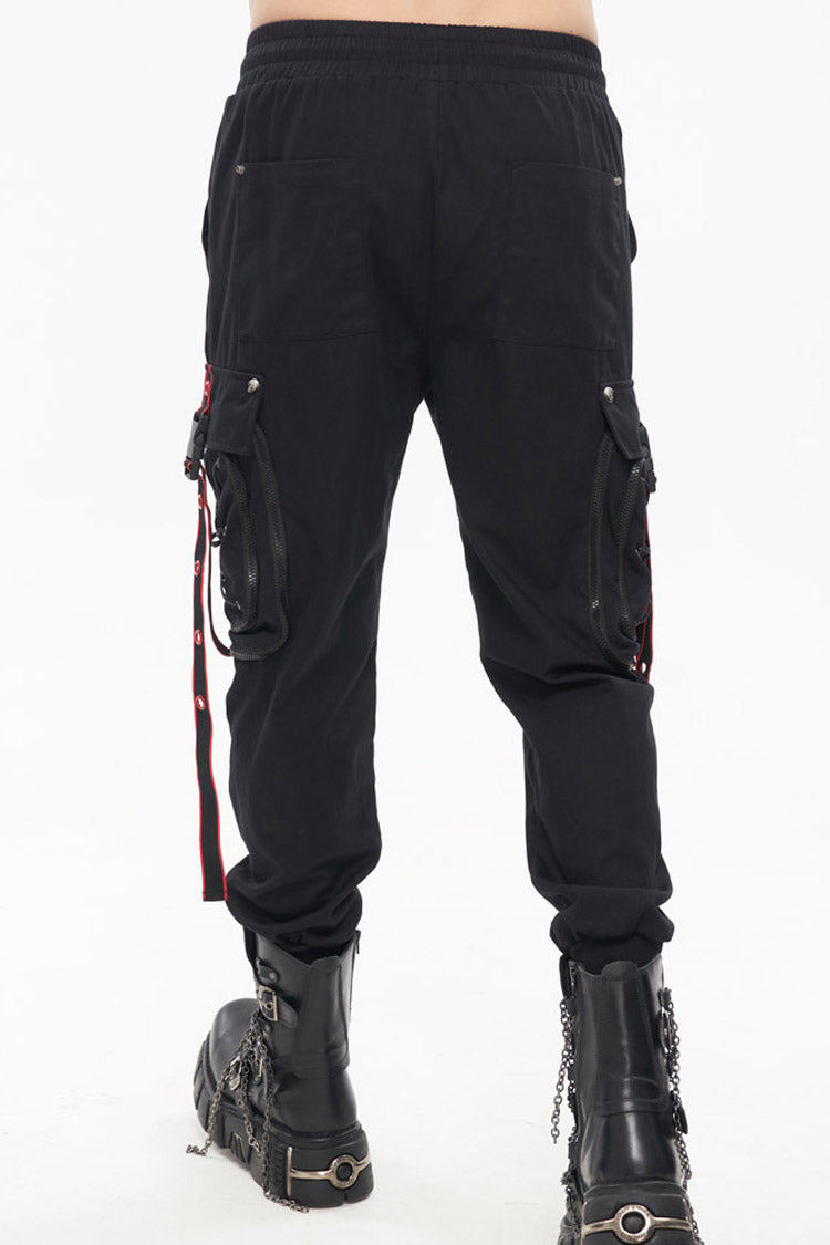 Black Punk Multi Pocket Webbing Decorative Drawstring Men's Long Pants