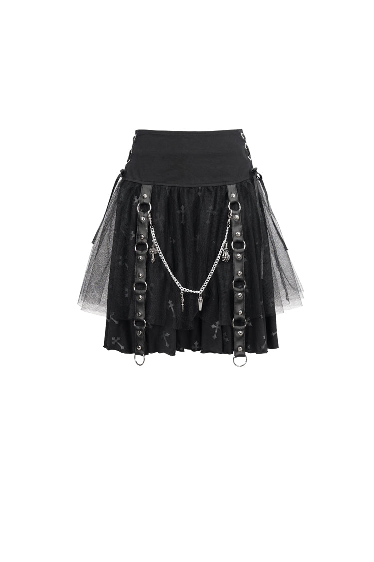 Black Cross Print Side Waist Straps Detachable Metal Chain Women's Punk Skirt