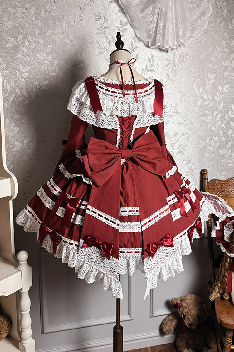 Wine Red [Rabbit Sleeping Doll] Long Trumpet Sleeves Ruffle Bowknot Lace Sweet Lolita Dress