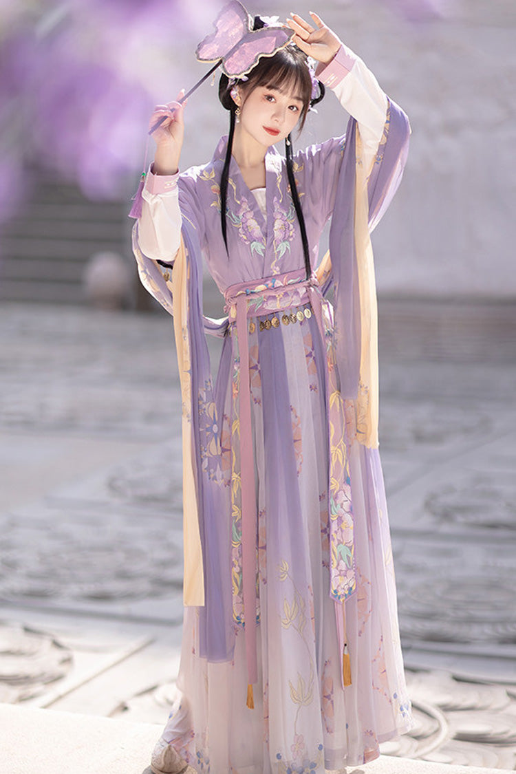 Purple [Lavender] Long Sleeves High Waisted Printed Embroidered Women's Sweet Chinese Inspired Hanfu Set