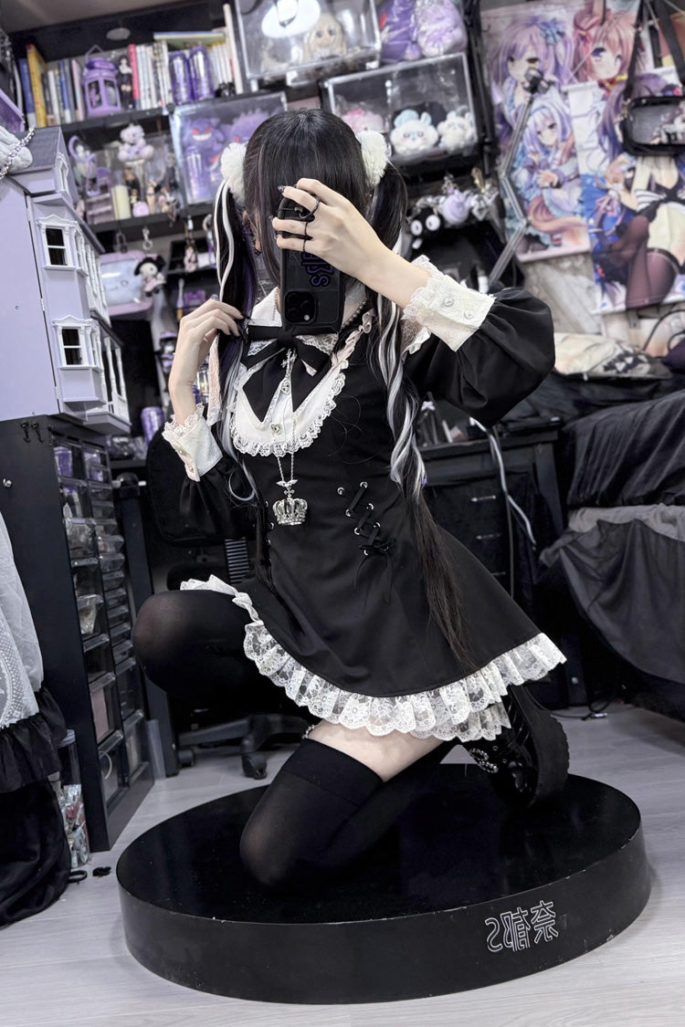 Black/White [Divine love] Long Sleeves Hollow Bowknot Lace Lace-Up Sweet Jirai Kei Dress Shorts Set