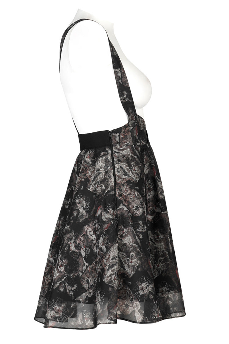 Black Super Cool Chiffon Lace Cat Print Straps Waist Low Cut A-Shaped Wide Hem Suspender Gothic Women's Skirt