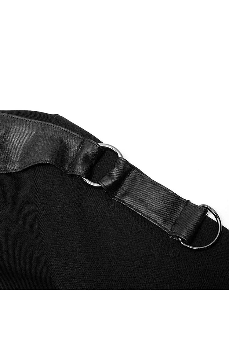 Black Long Sleeve Knit Front Splice Imitation Leather Lace Up Men's Punk T-Shirt