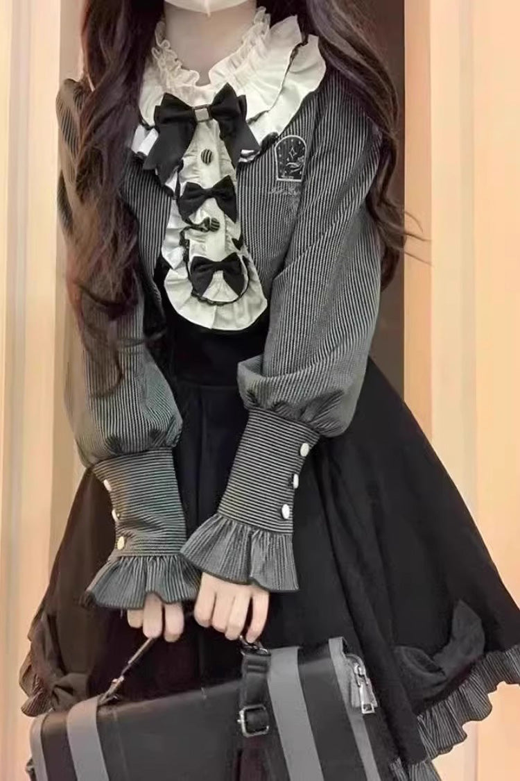 Black/Grey Long Sleeves Ruffle Bowknot Stitching Vintage Lolita Dress Set