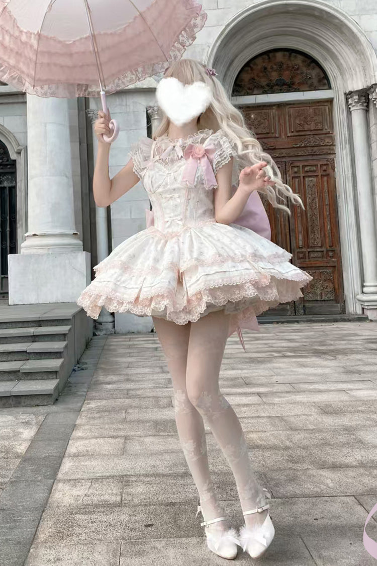 Pink [First Love Rose] Multi-Layered Print Ruffle Bowknot Lace Sweet Lolita Jsk Dress Set