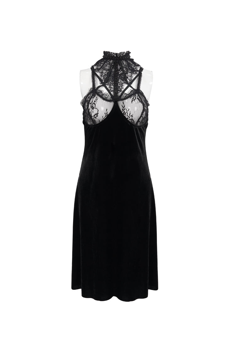 Black Turtleneck Perspective Lace Slit Velvet Sexy Women's Gothic Dresses