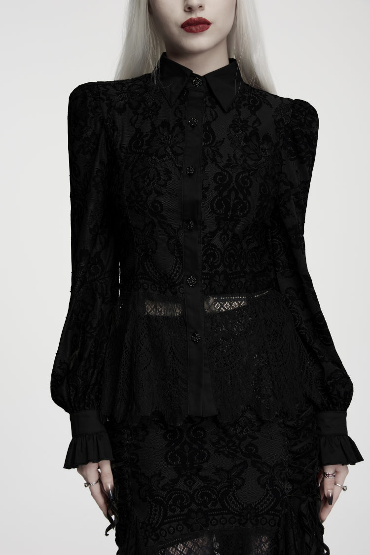 Black Lapel Collar Long Sleeves Embroidered Lace Lace-Up Women's Gothic Elegant Blouse