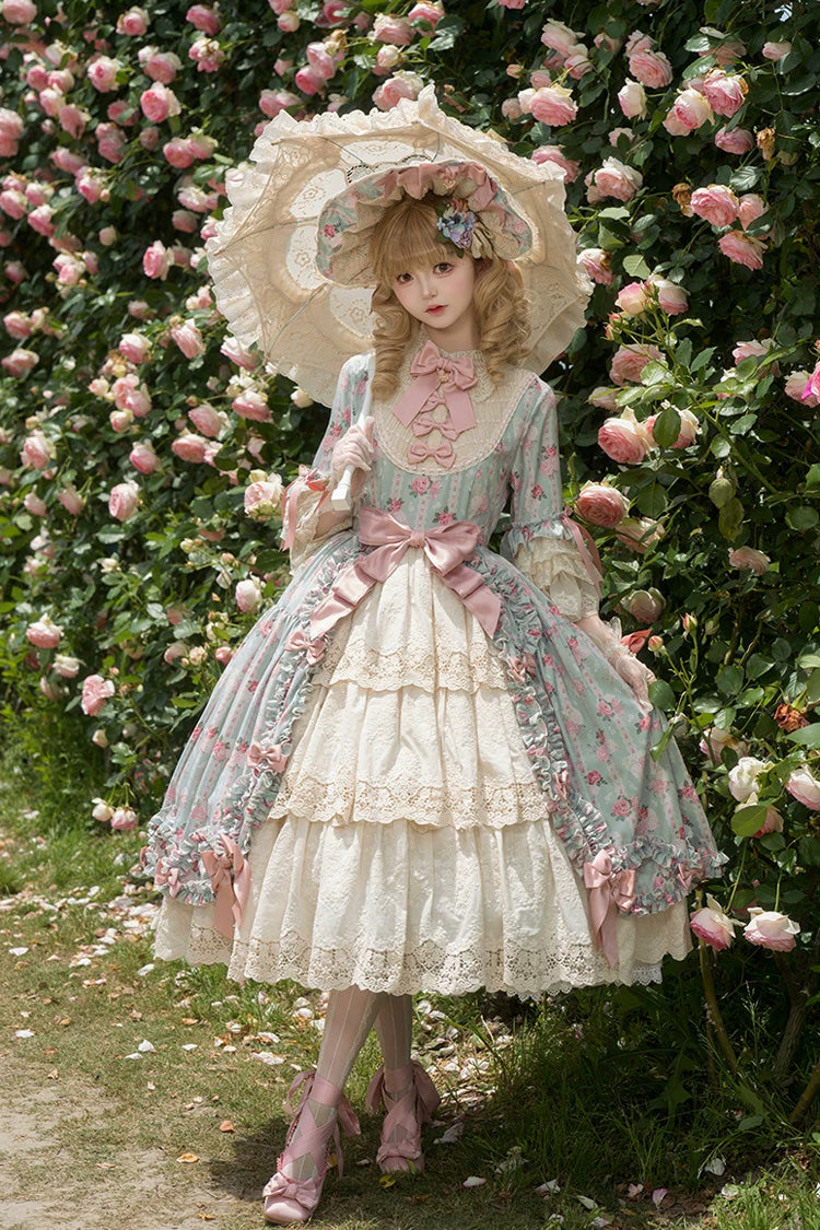 Green [Lilica Garden] Lapel Collar Short Trumpet Sleeves Flower Wall Printed Ruffled Open-Front Bow Lace Sweet Elegant Luxurious Lolita Dress