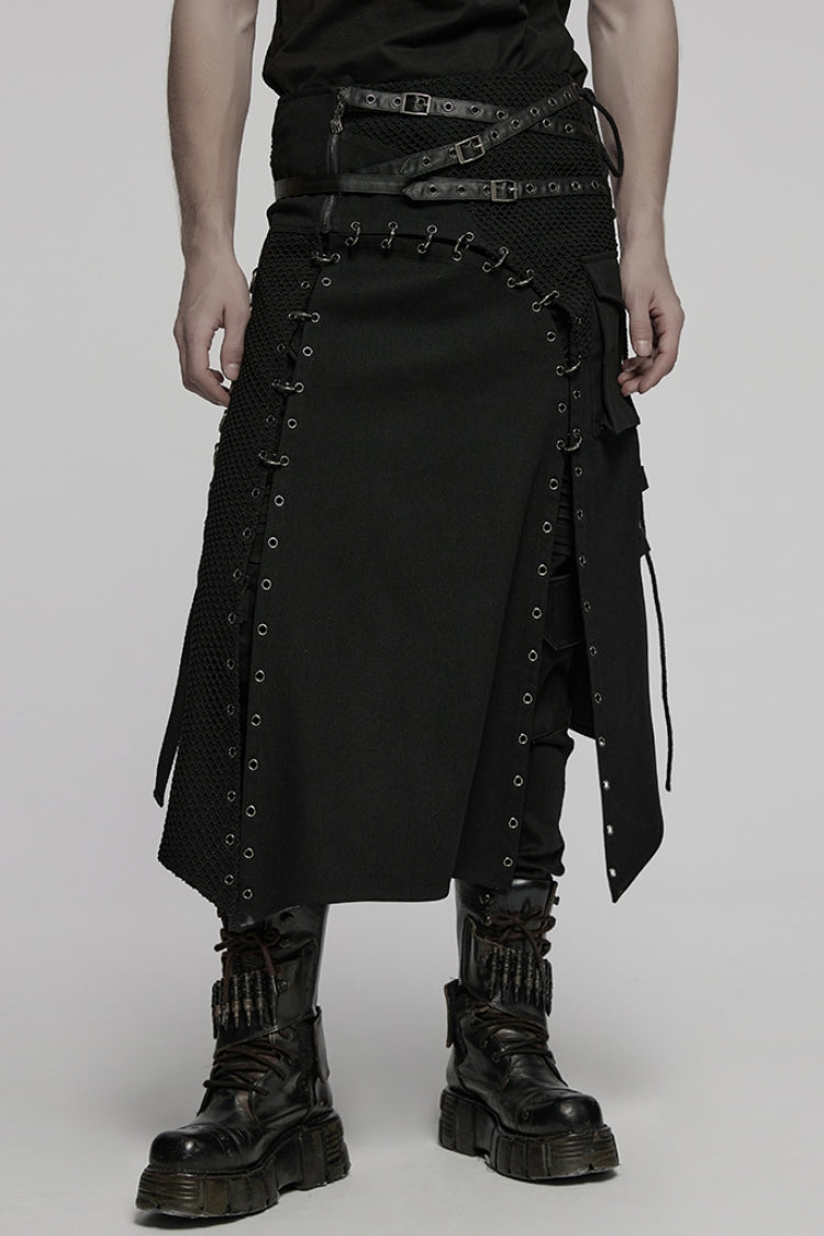 Black Faux Leather Stitching Lace-Up Irregular Mesh Men's Gothic Kilt