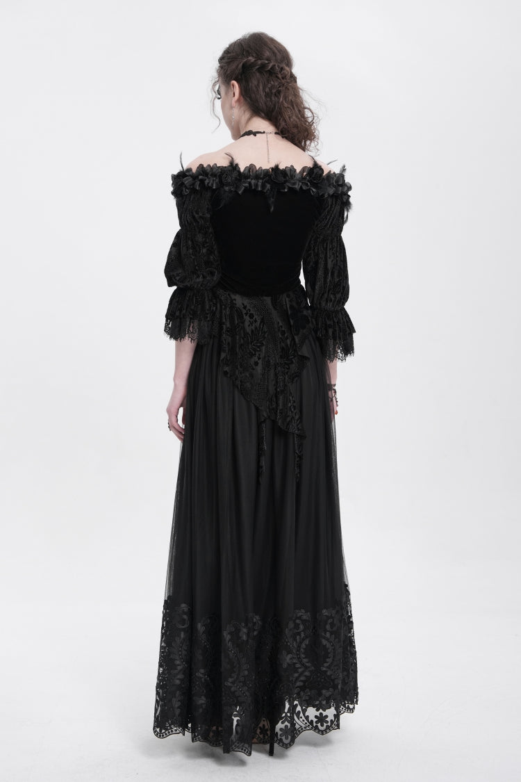 Black Off Shoulder Long Sleeves Ruffle Embroidery Lace-Up Women's Gothic Blouse