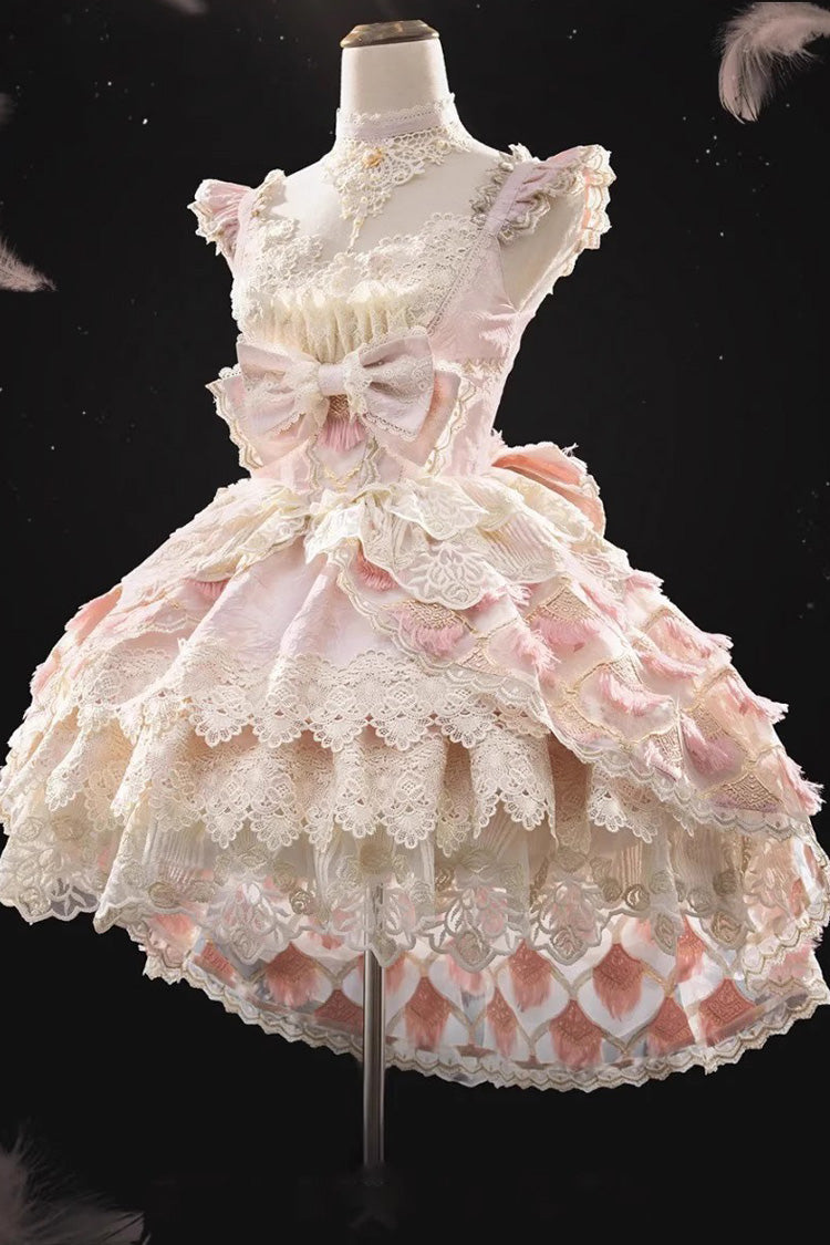 Pink [Peacock Feather] Multi-Layered Ruffle Hanayome Cardigan Bowknot Lace Sweet Lolita Jsk Dress Set