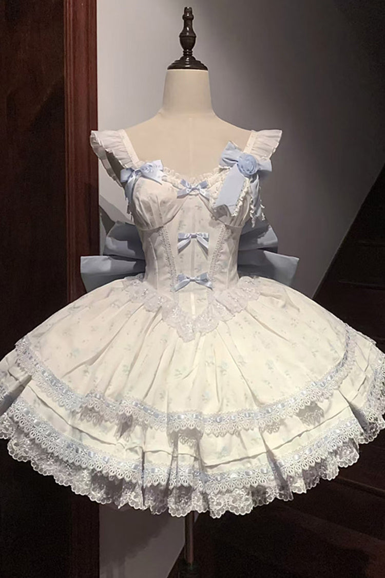 Blue [First Love Rose] Multi-Layered Print Ruffle Bowknot Lace Sweet Lolita Jsk Dress Set