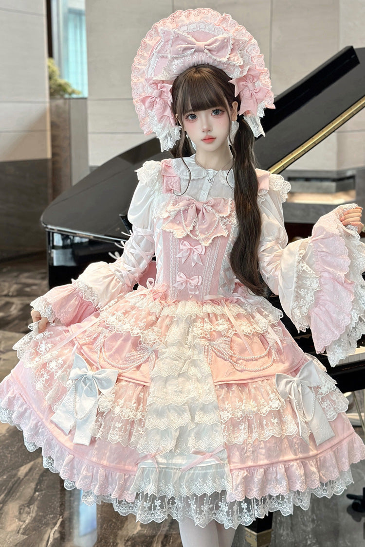 [Sakura Love] Multi-Layered Jacquard Ruffle Embroidery Cardigan Bowknot Lace Sweet Gorgeous Lolita Jsk Dress 2 Colors