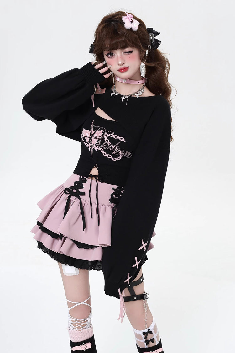 [Période Rebelle] Jupe Lolita Gothique Japonaise à Lacets à Volants Double Couche 3 Couleurs 