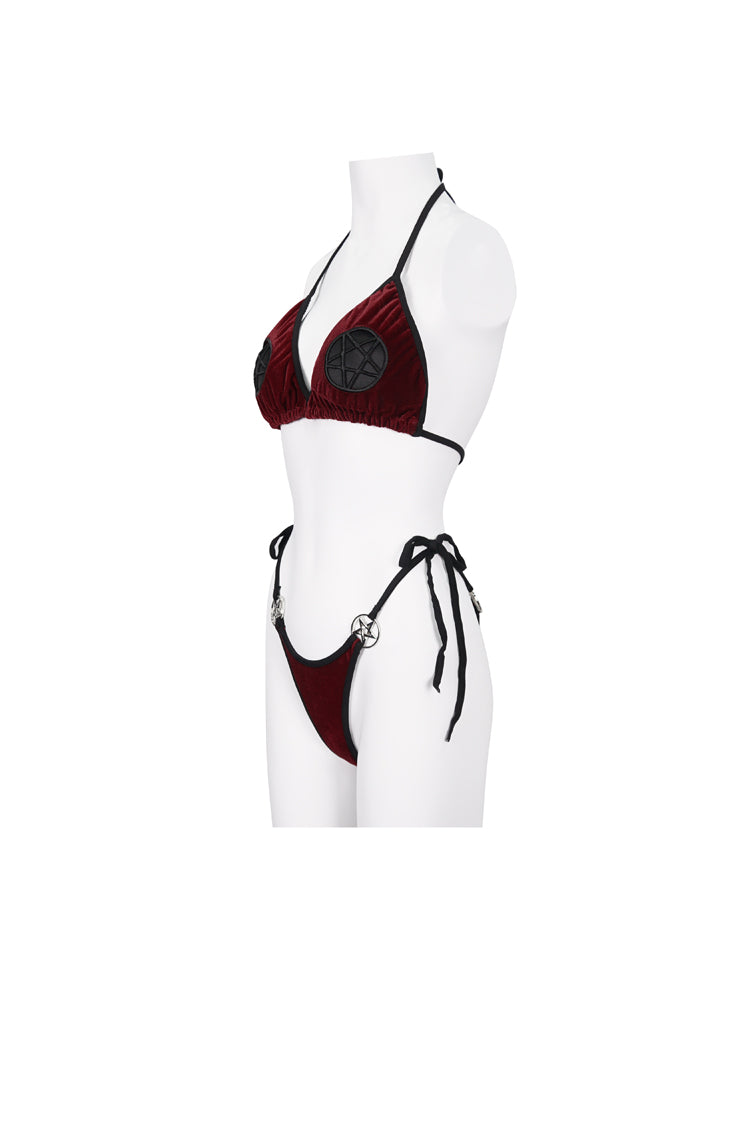 Red Velvet Stretch Sexy Cutout Pentagram Women's Gothic Swimsuit Set