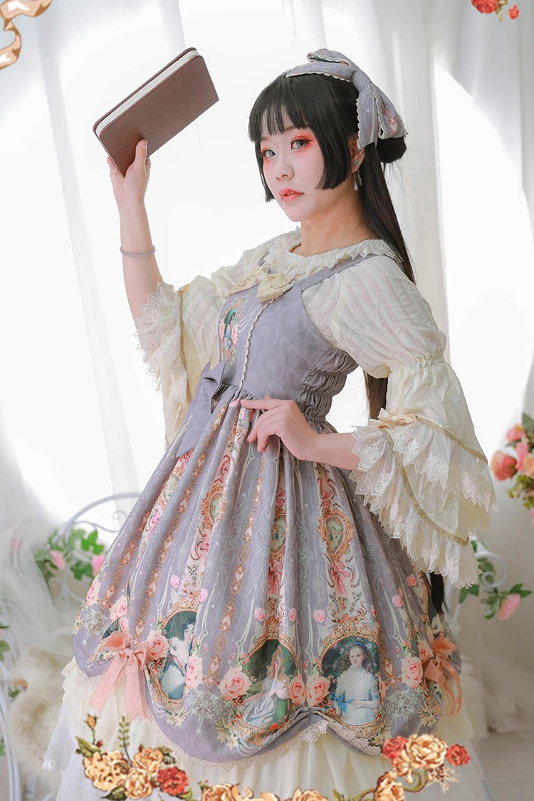 [Portrait of A Little Lady] Print Ruffle Bowknot Lace Classic Vintage Elegant Lolita Jsk Dress 3 Colors