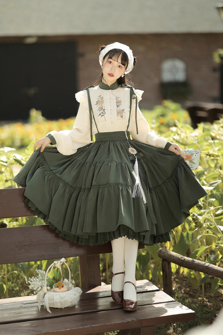 White/Green Country Style Midsummer Sunflower Sweet Lolita Skirt Two-Piece Set