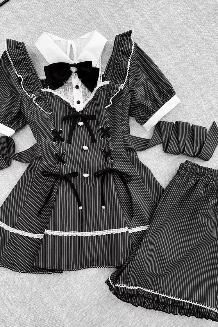 Black [Roman Strings] Short Sleeves Striped Print Bowknot Lace-Up Gothic Jirai Kei Plus Size Dress