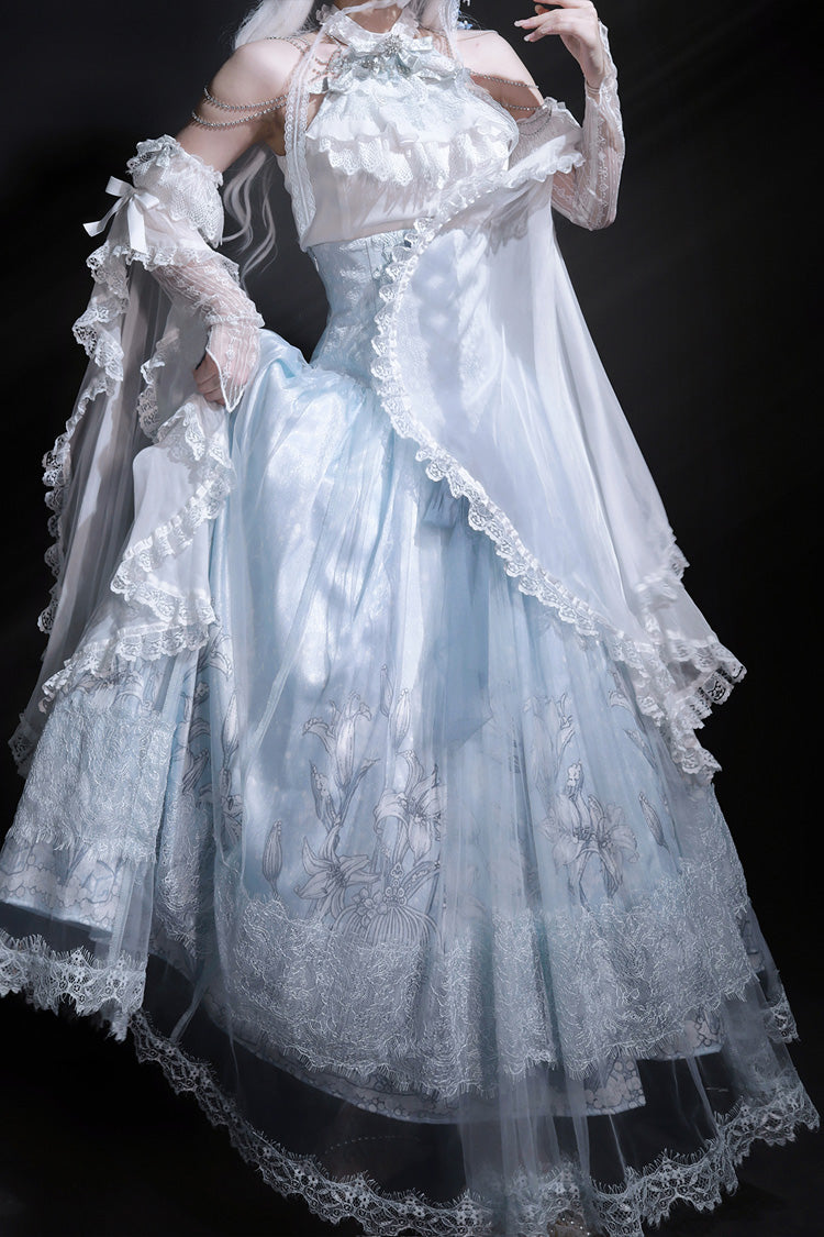 Blue [Snow Lily] Print Ruffle Hanayome Embroidery Bowknot Lace-Up Sweet Elegant Princess Lolita Skirt Set