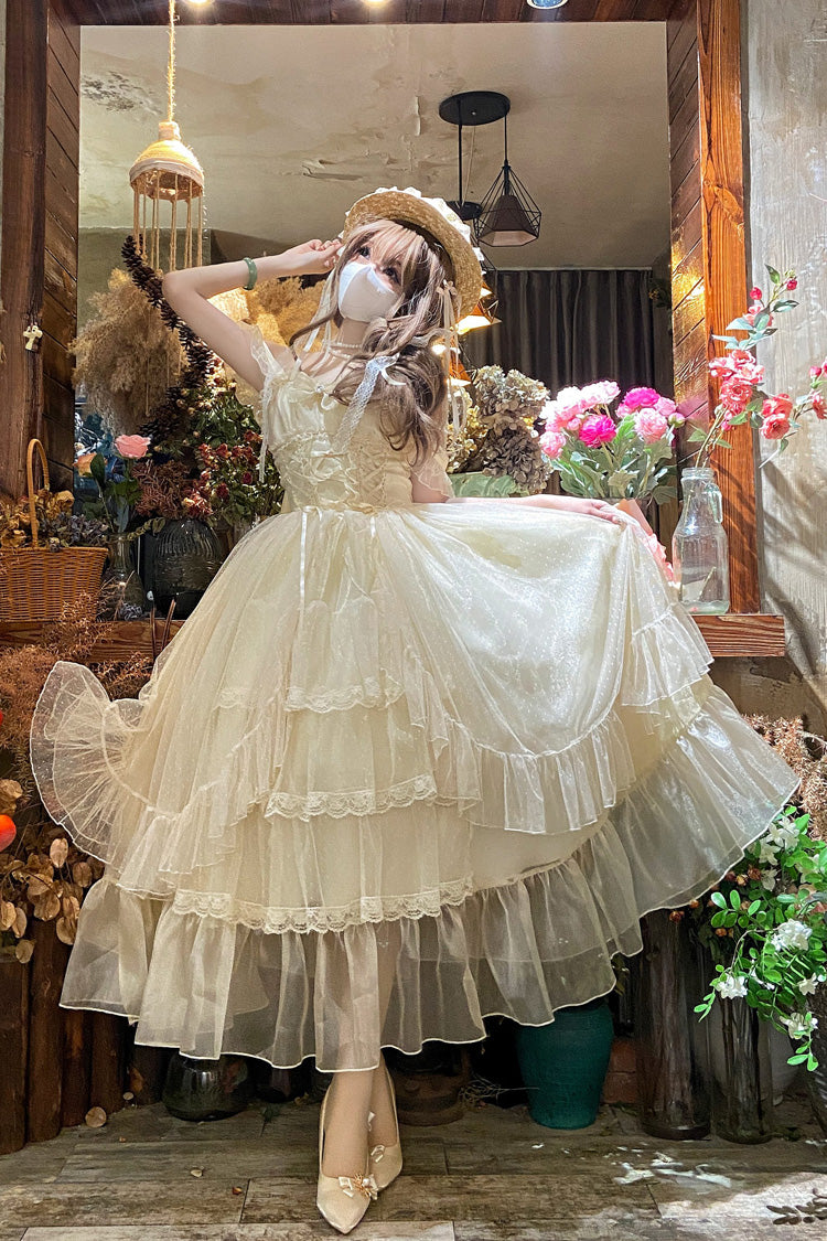 Aprikose [Mondscheinsonate] Rüschenstrickjacke mit Schleife und Spitze, süßes Vintage-Lolita-Jsk-Kleid