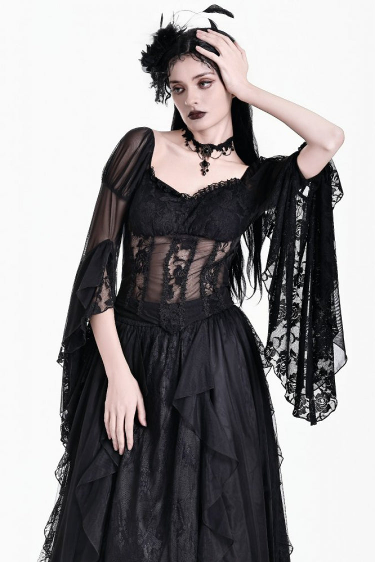 Black Sweetheart Neck Long Bell Sleeves Lace Ruffled Women's Gothic Corset Top