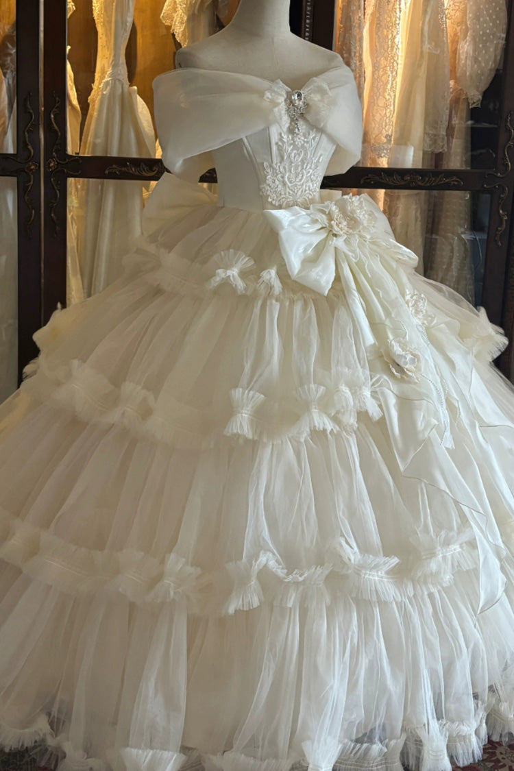 Blanc [Pure White Oath] Robe Lolita de princesse élégante et douce en dentelle Hanayome à volants multicouches sans manches