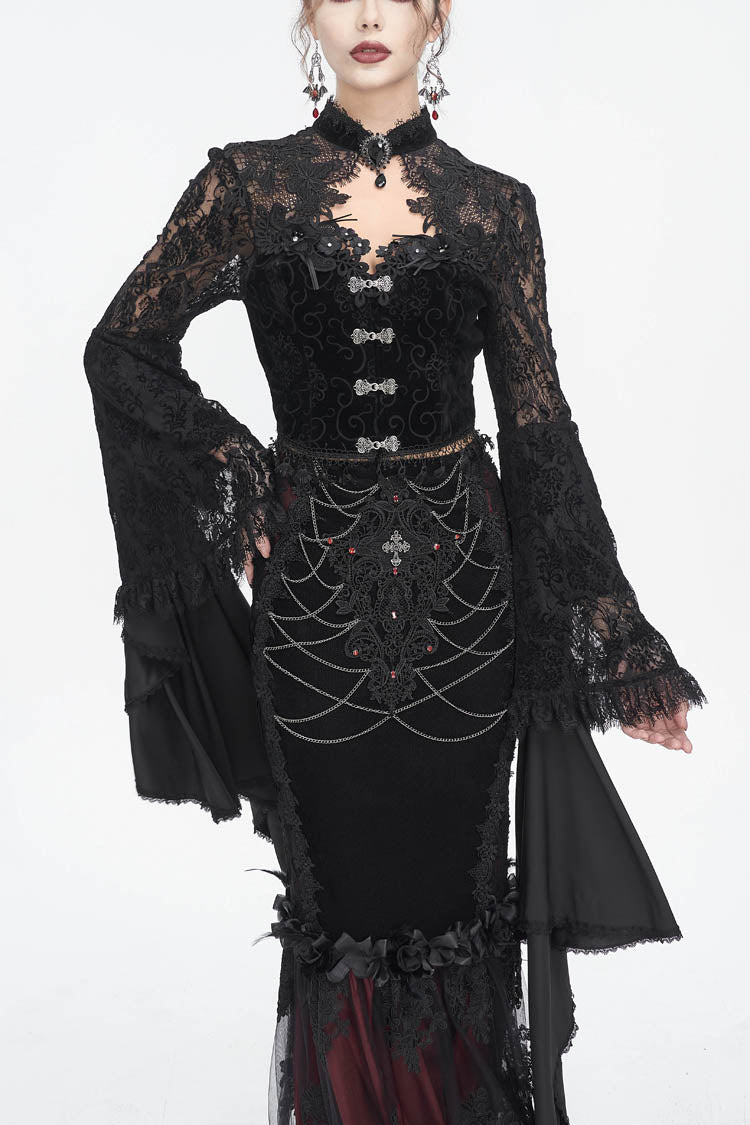 Schwarze Gothic-Bluse mit langen Trompetenärmeln und Spitzennähten für Damen