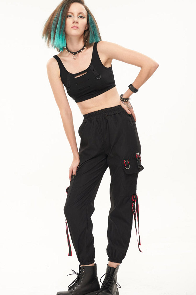 Black Punk Casual Skull Webbing Decoration Women's Long Pants