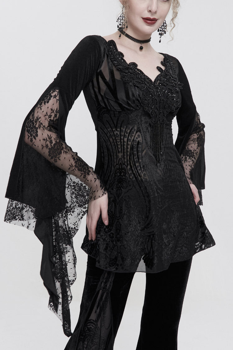Schwarzes Gothic-T-Shirt für Damen mit V-Ausschnitt, Perlenbesatz, Spitze, ausgestellten Bündchen, floralem Muster und bedeckter Hüfte, langen Ärmeln