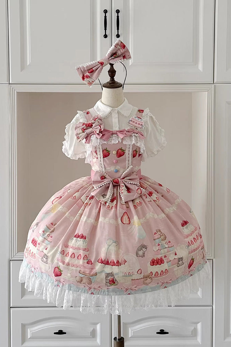 [Little Mouse Strawberry Cake] Ärmelloses, bedrucktes, gerüschtes, mit Schleife besetztes, süßes Lolita-JSK-Kleid in 3 Farben