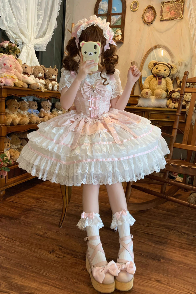 Pink [Snow Kissed Romance] Sleeveless High Waisted Multi-Layered Bowknot Lace Pearl Sweet Ballet Lolita Jsk Dress