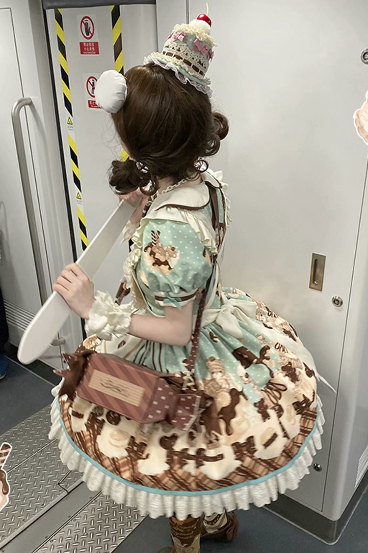 Brown [Peppermint Chocolate] Chocolate Cake Bear Print Ruffle Bowknot Lace-Up Sweet Lolita Dress