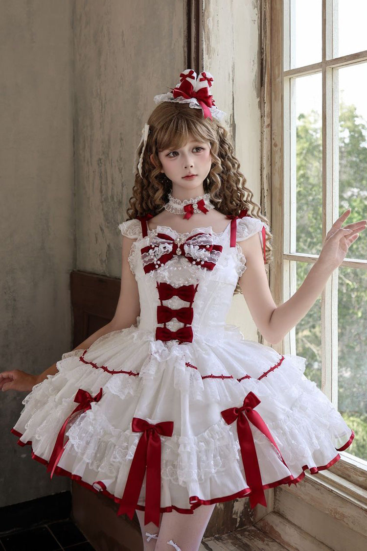 Weißes [Candy Satin Ballet] ärmelloses, mehrlagiges, gerüschtes, mit Schleife, Spitze und Perlendetail verziertes, süßes Lolita JSK-Kleid mit quadratischem Kragen