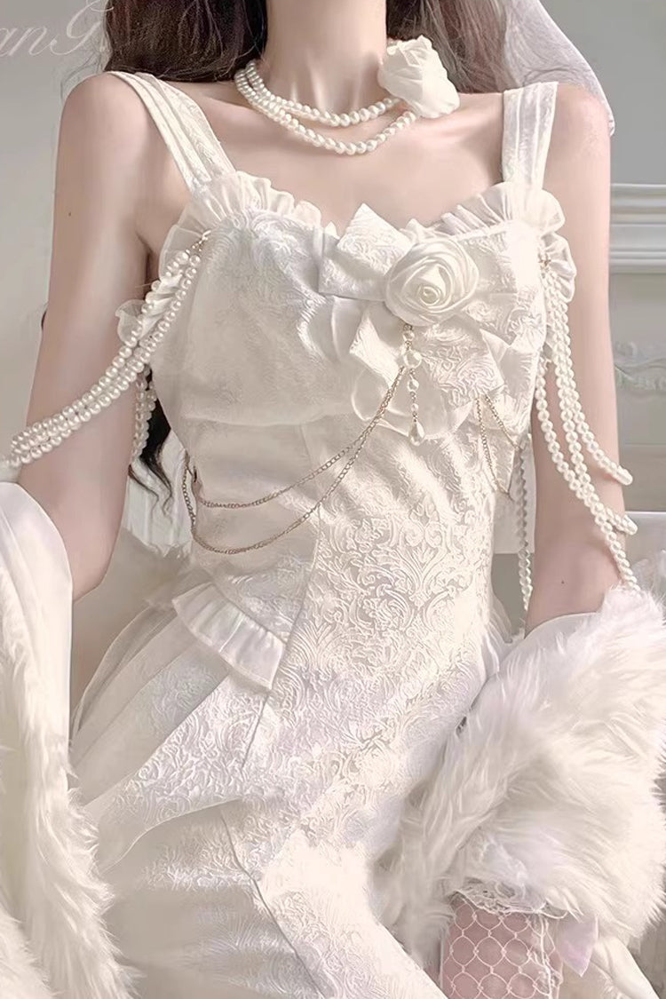 White [Camellia 1.0] Sleeveless Jacquard Ruffle Lace Sweet Chinese Style Lolita Jsk Fishtail Dress